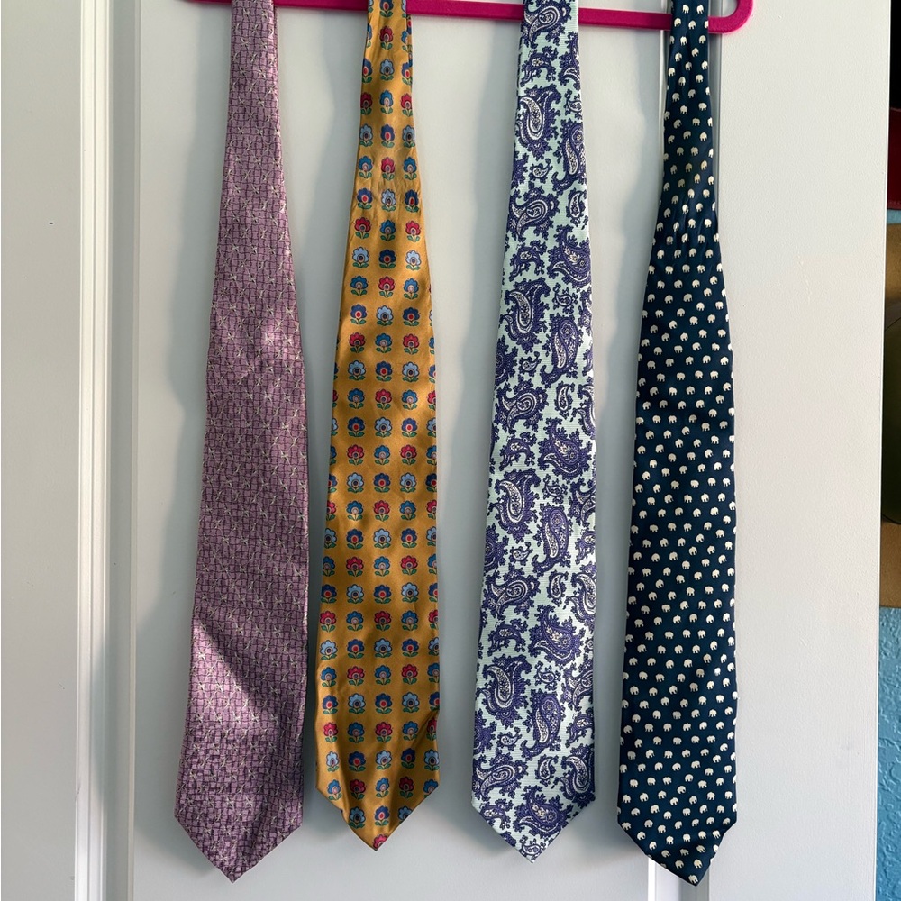 Four Men's Dress Ties in Pink, Mustard, Purple, and Navy